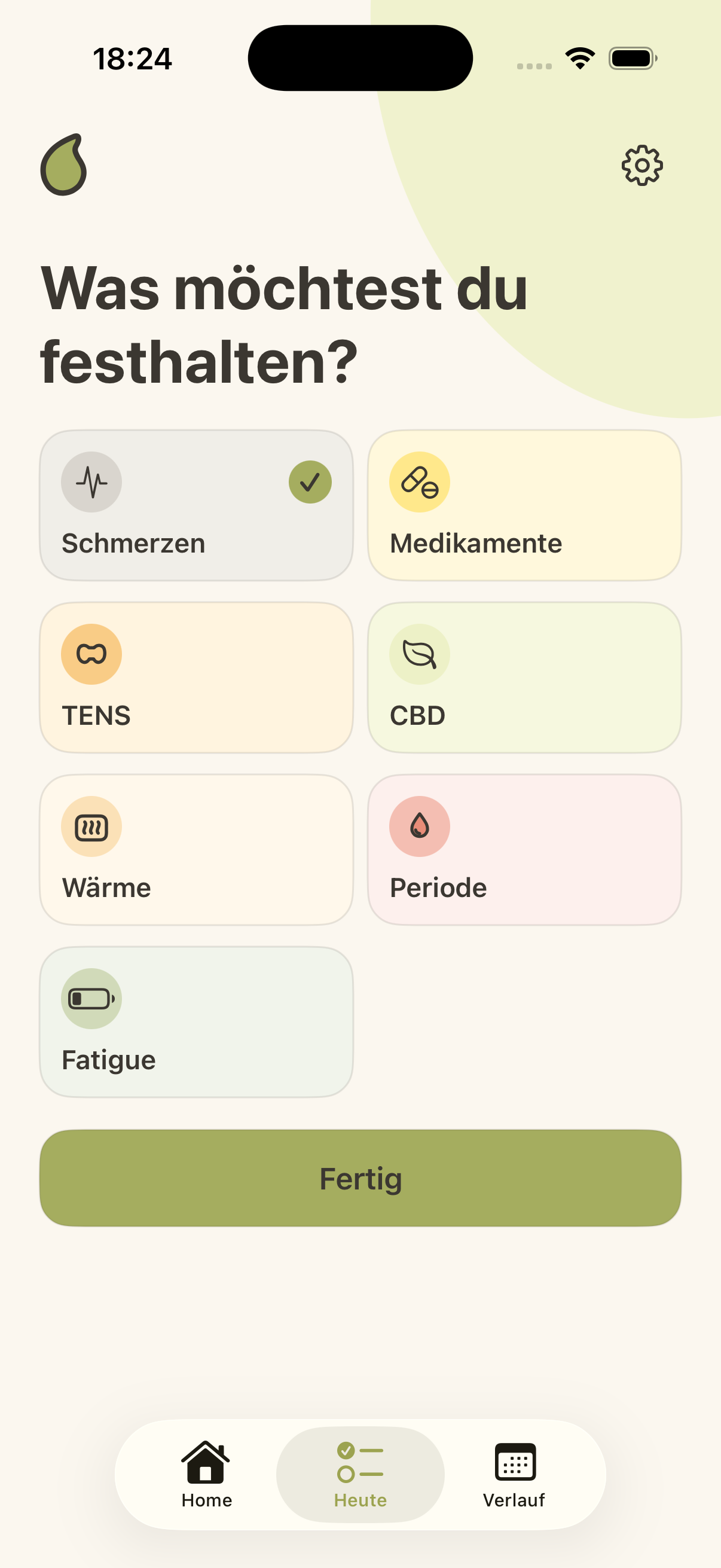Yume Erfassung mit den Bereichen Schmerzen, Medikamente, TENS, CBD, Wärme, Periode und Fatigue