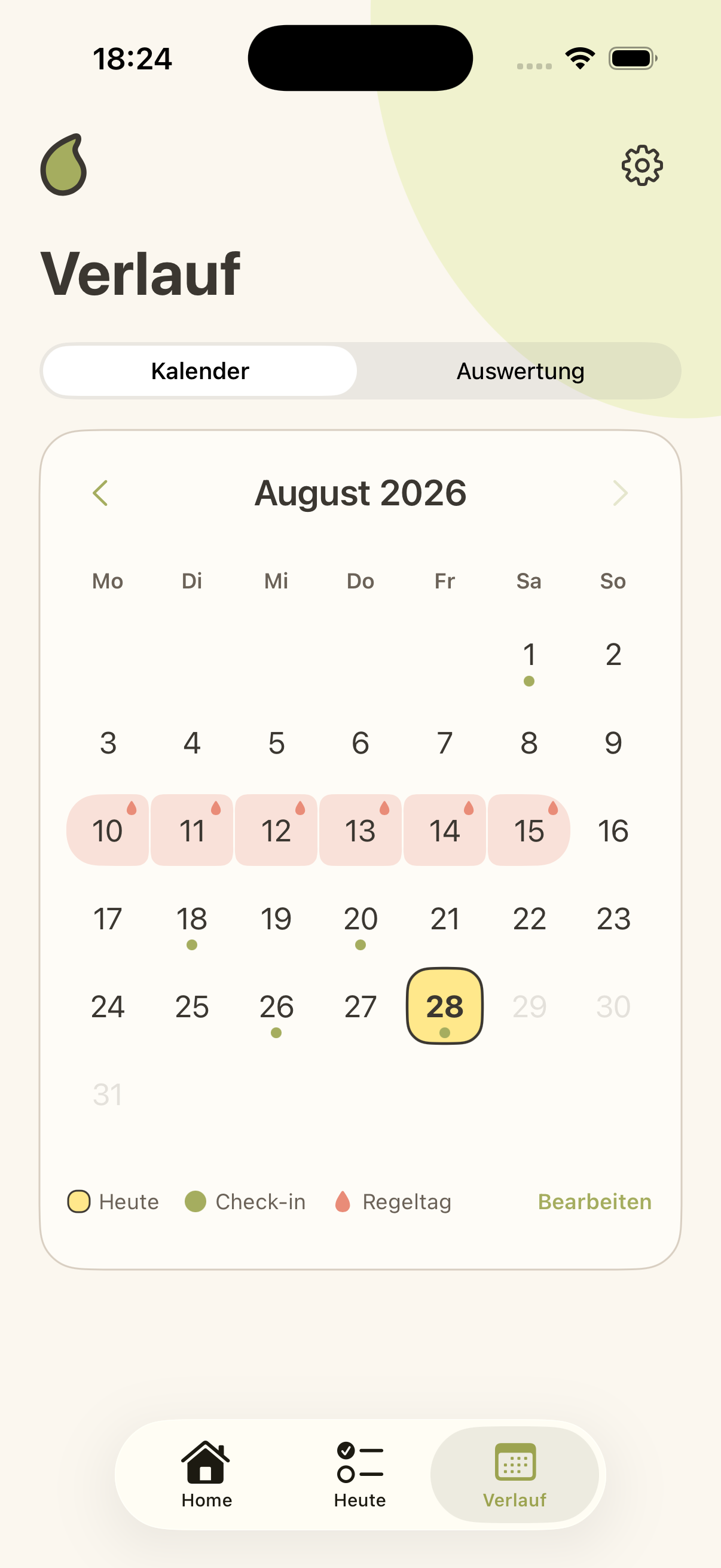 Yume Verlauf mit dem Kalender für August 2026